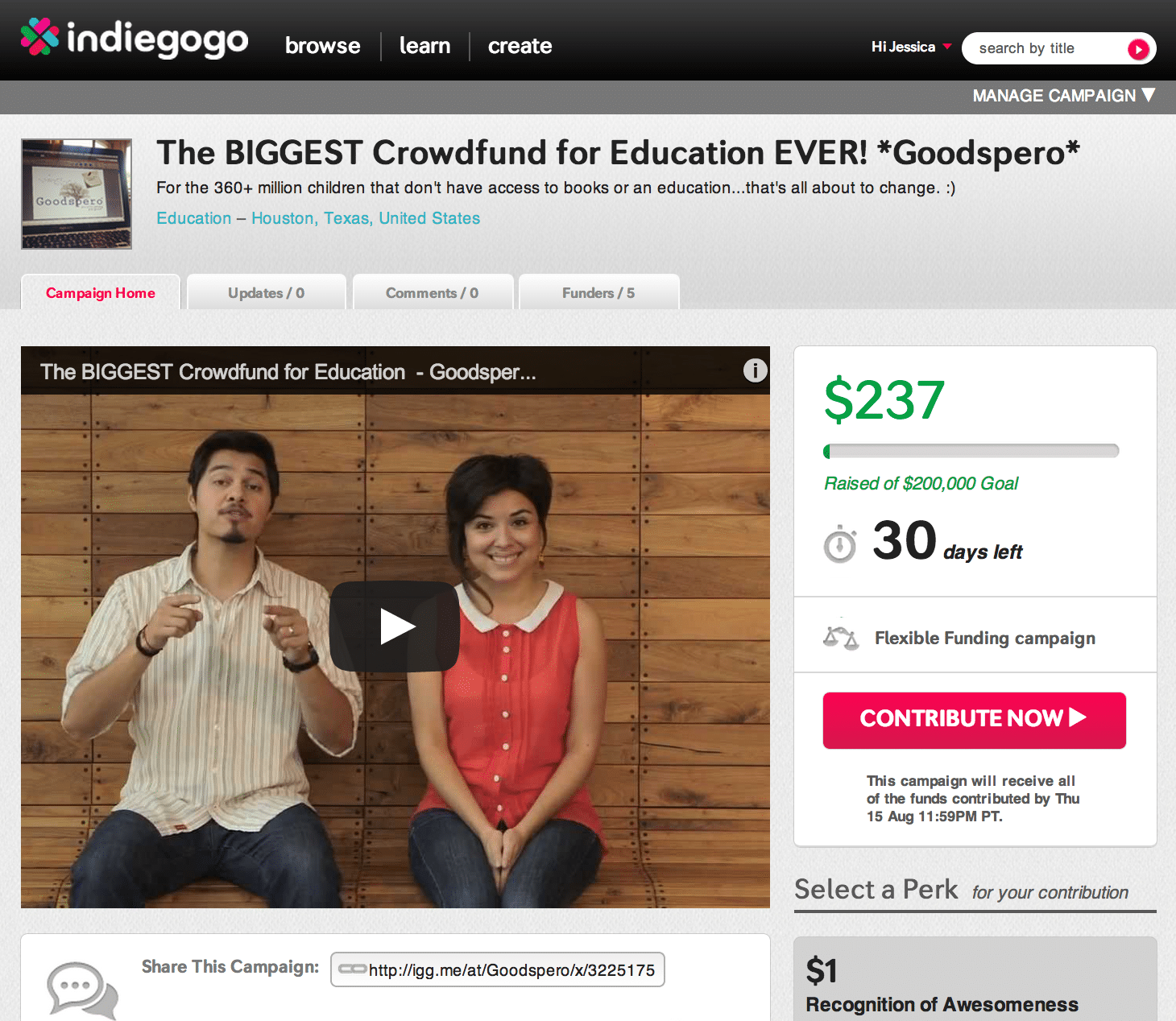 Screenshot photo of goodspero crowdfunding campaign page on indiegogo featuring video thumbnail of founders